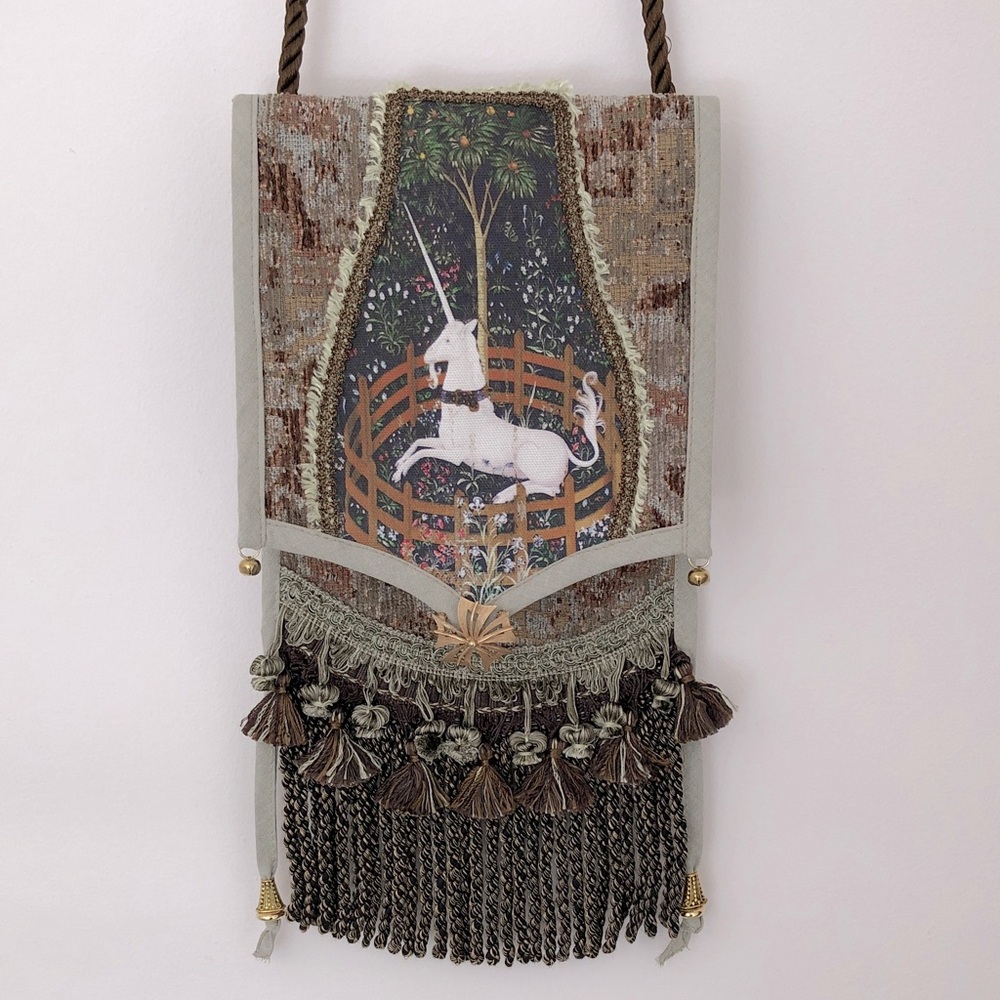 Handmade Unicorn Bag Fringe Tassel Fabric Renaissance Medieval Garb Tapestry